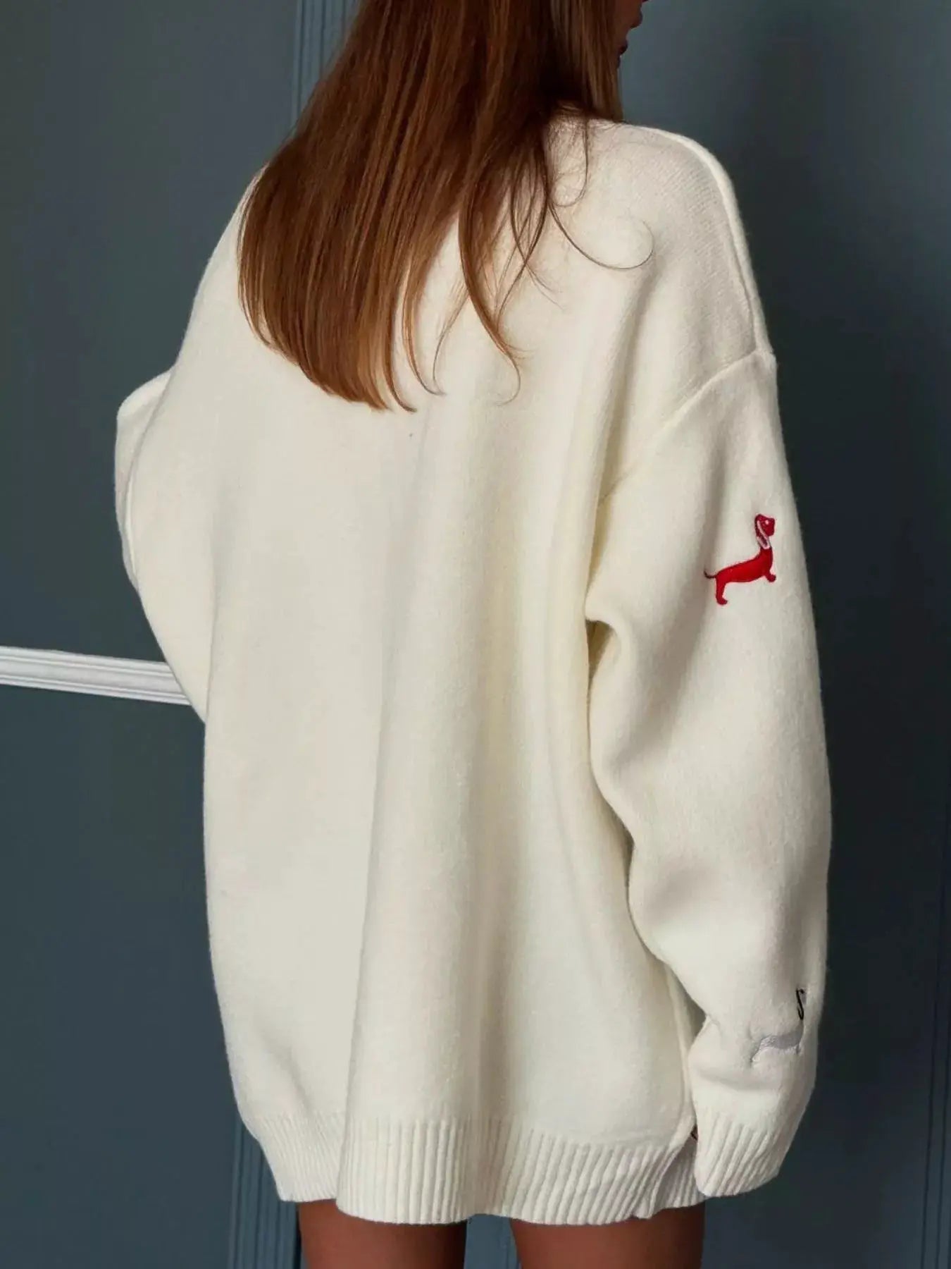 Embroidered button-up cardigan, cream knit, oversized fit with red dog embroidery on sleeve