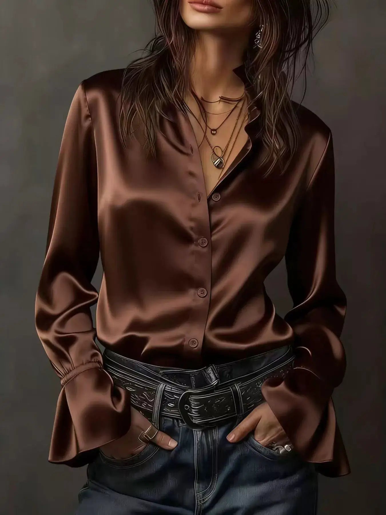 Button Up Flounce Sleeve Shirt in copper satin with ruched details, by Belle Bijouix.