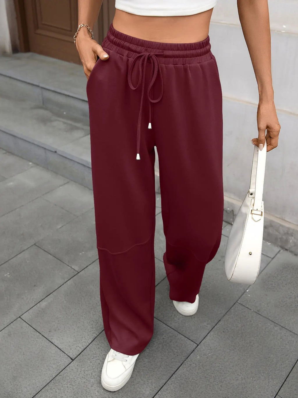 Drawstring high-waist wide-leg burgundy casual pants