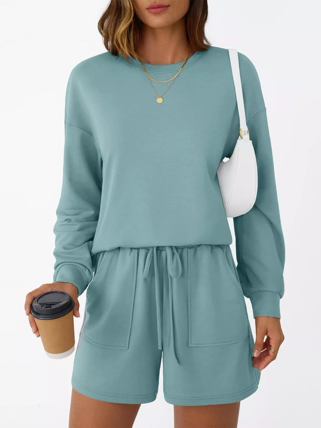 Round Neck Long Sleeve Top and Shorts Set by Belle Bijouix, teal 2-piece activewear with drawstring pockets