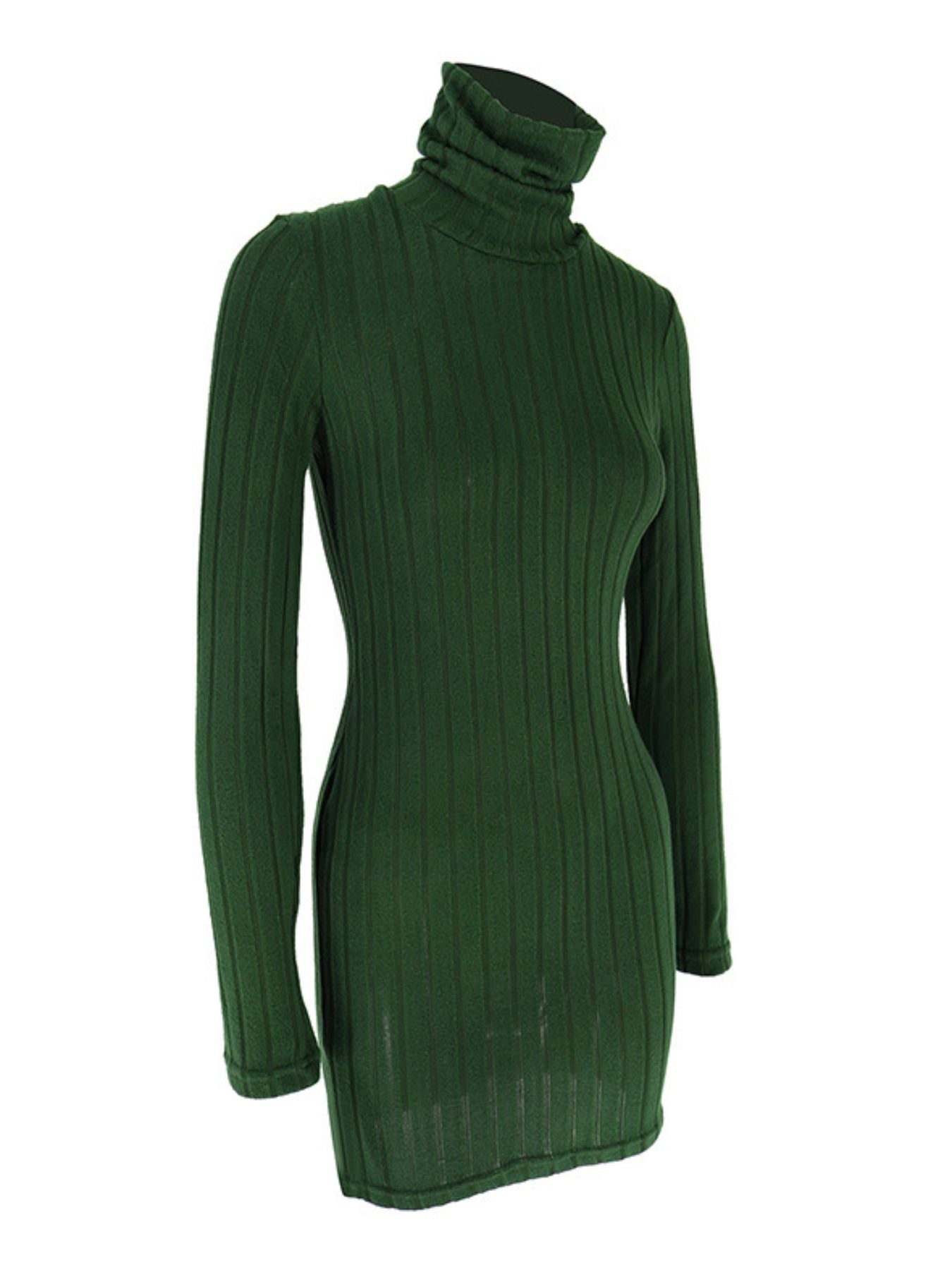 Turtleneck ribbed knit bodycon mini dress in green with long sleeves