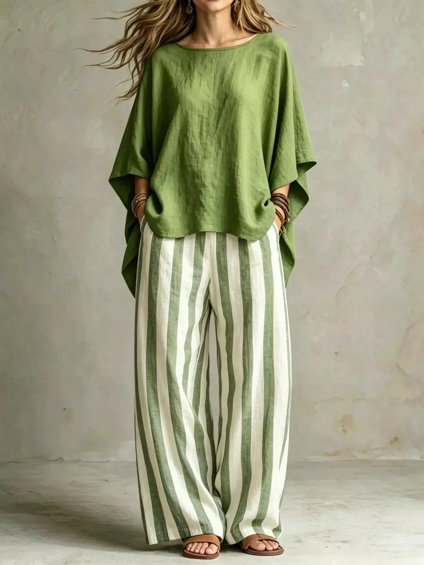 Full Size Solid Color Top and Pants Set Plus Size green draped top with green and white striped pants