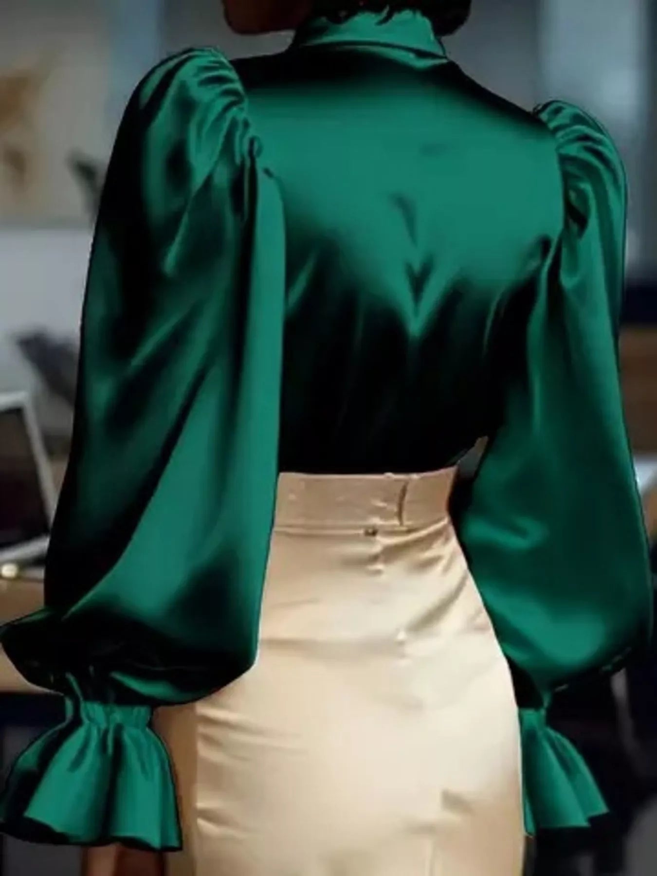 Satin button-up flounce-sleeve shirt in emerald green, back view