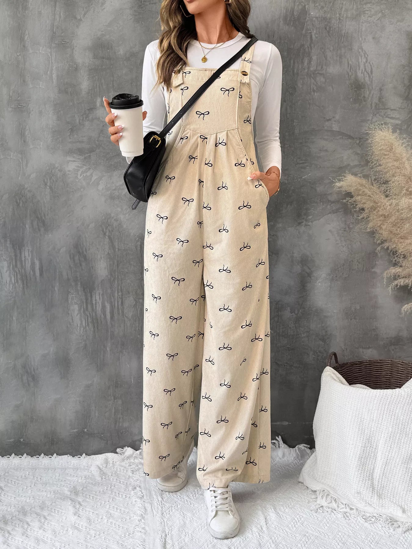 Bow Wide Leg Corduroy Overalls outfit set in beige with navy bow print, pocketed.