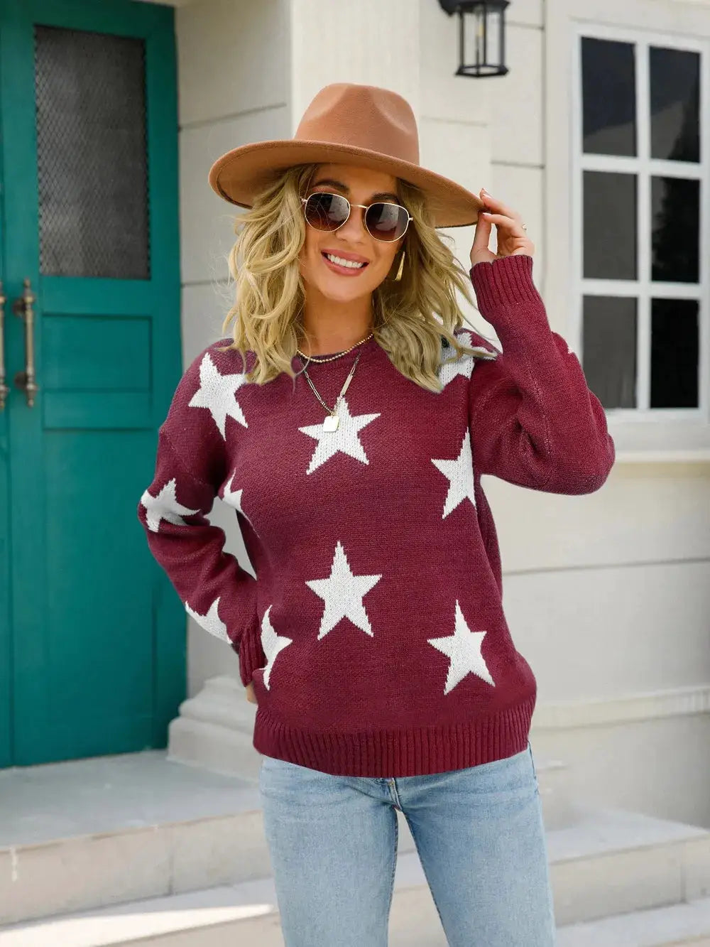 Angel Wings Star Round Neck Dropped Shoulder Sweater, burgundy knit with white stars