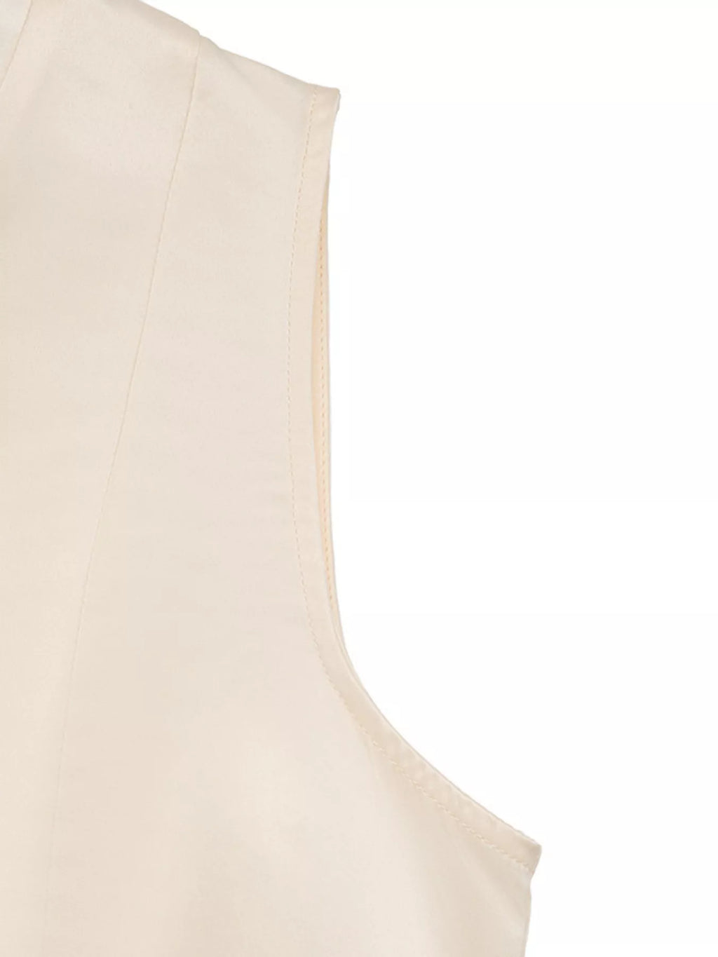 Sleeveless A-Line midi dress in beige fabric with clean seams and curved armhole detail.