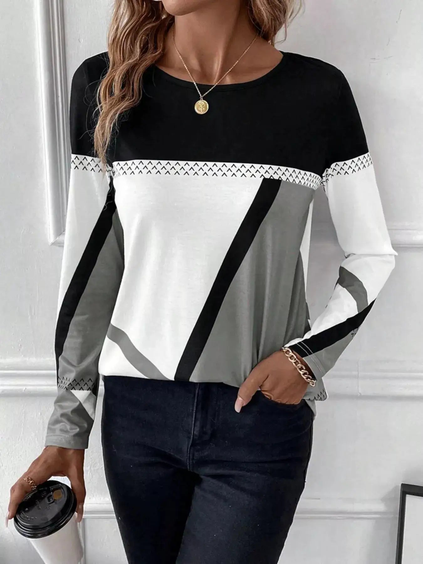 Color Block Long Sleeve T-Shirt by Belle Bijouix in black, white and gray with diagonal panels