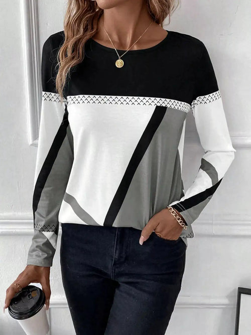 Color Block Long Sleeve T-Shirt by Belle Bijouix in black, white and gray with diagonal panels
