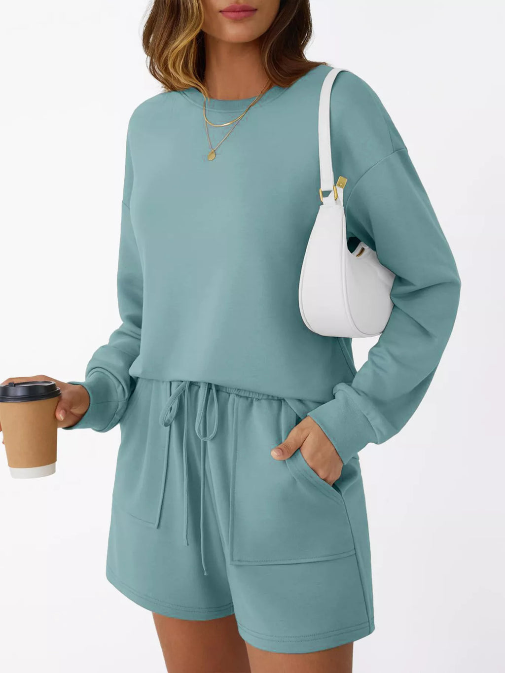Round Neck Long Sleeve Top and Shorts Set in teal with drawstring waist and pockets